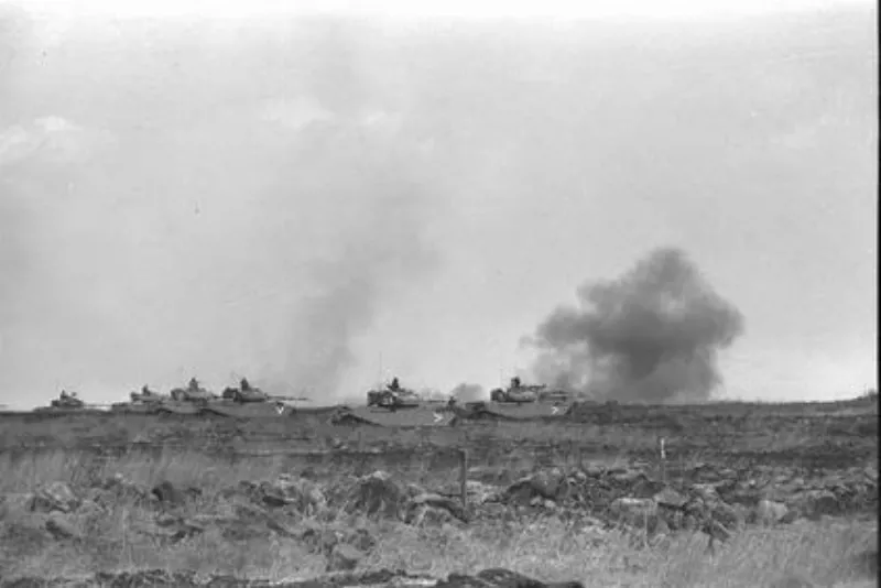 ISRAELI TANKS IN BATTLE AGAINST THE SYRIAN ARMOUR ON THE GOLAN HEIGHTS