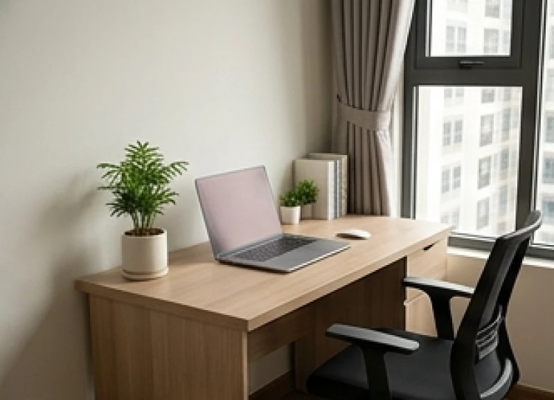 Không gian làm việc nhỏ hẹp nhưng vẫn đảm bảo mặt bàn hướng ra cửa và lưng không úp sát vào tường