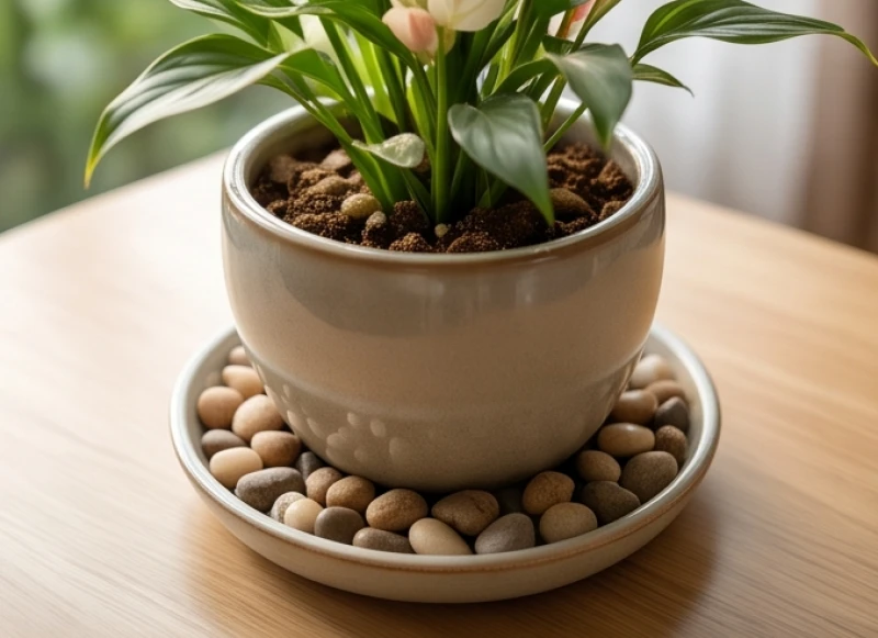 Đáy chậu cây cảnh đang nhú nụ được kê cao bằng sỏi để đảm bảo lỗ thoát nước hoạt động thông thoáng