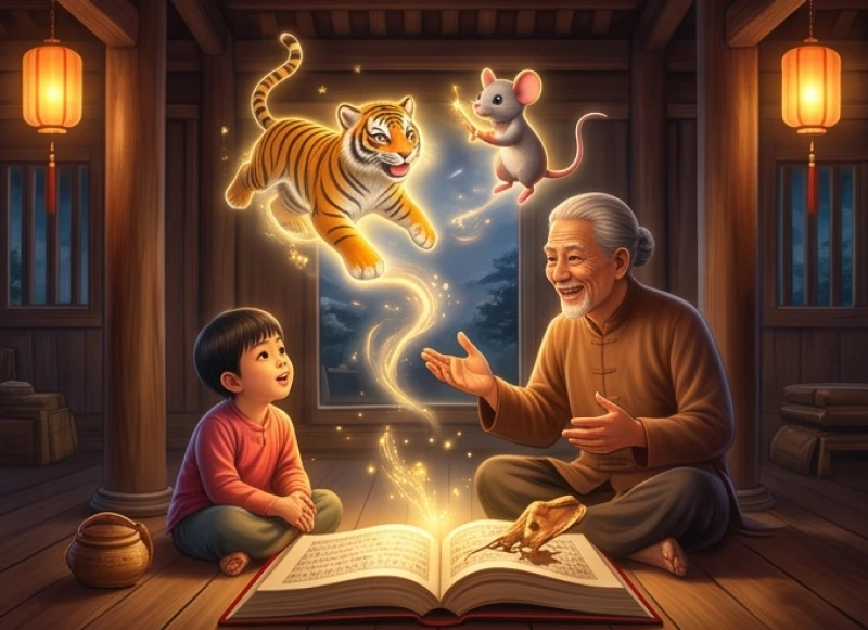 Người bà hiền từ đang ngồi kể câu chuyện về các con giáp cho đứa cháu nhỏ nghe dưới ánh đèn ấm áp