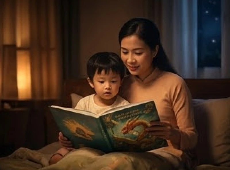Gia đình quây quần bên nhau trong ánh đèn ấm áp khi người mẹ đang say sưa kể cho con nghe về lòng tốt của loài rồng.