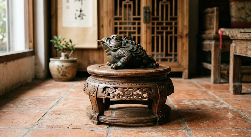 Thiềm thừ phong thủy tuổi Mão: tra cứu màu hợp mệnh, giá và cách an vị 12 Bức tượng thiềm thừ được nâng niu đặt trên một bệ gỗ cao ráo và trang trọng cách biệt sàn