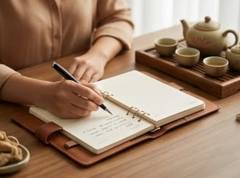 Tuổi Dậu năm 2027 có phạm Thái Tuế không? Phân tích cát hung 1 Gia chủ đang thảnh thơi ghi chép kế hoạch công việc bên tách trà sen trong không gian thư thái ấm cúng