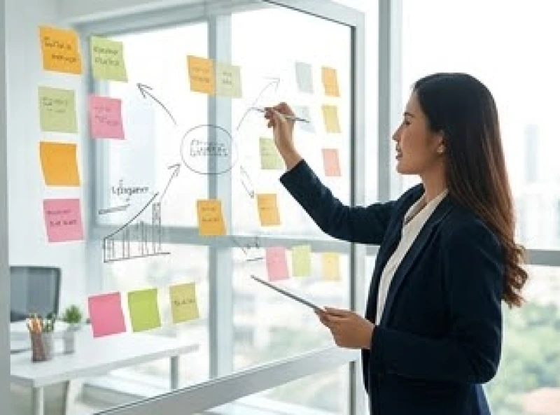 Người kinh doanh đang tự tin phác thảo kế hoạch mở rộng dự án trên một tấm bảng kính trong không gian làm việc mở