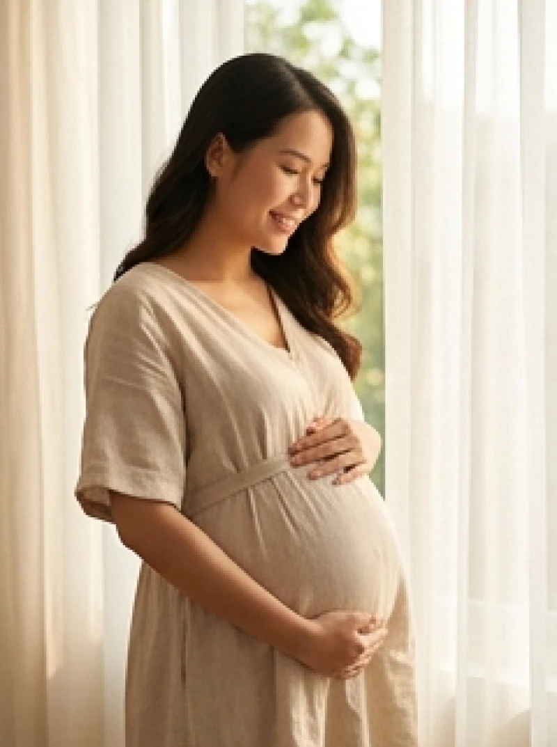 Người phụ nữ mang thai rạng rỡ đang vuốt ve bụng bầu, thể hiện sự an tâm sau khi chọn được năm sinh hợp tuổi