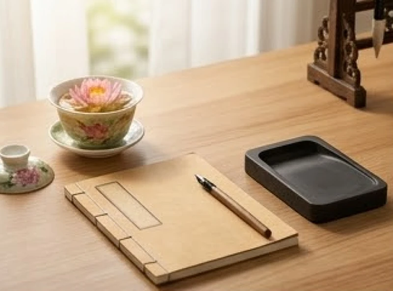 Bàn làm việc với tách trà sen và sổ tay ghi chép kế hoạch đại sự trong năm mới