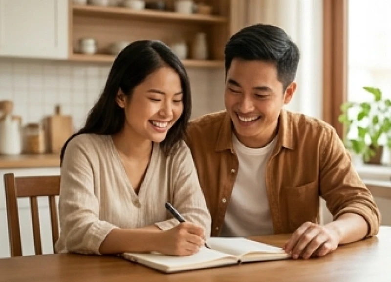 Hai vợ chồng đang cùng nhau xem xét các ghi chú lập kế hoạch chào đón thành viên mới