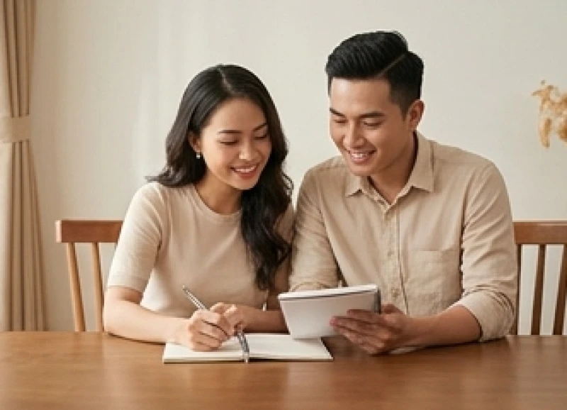 Nam giới tuổi Sửu cùng bạn gái ghi chép sổ sách tính toán kế hoạch tài chính