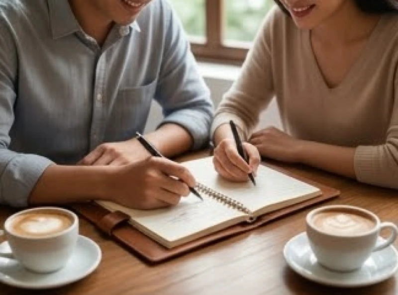 Đôi tình nhân nghiêm túc bàn bạc và ghi chép các dự định tương lai trên một cuốn sổ tay nhỏ