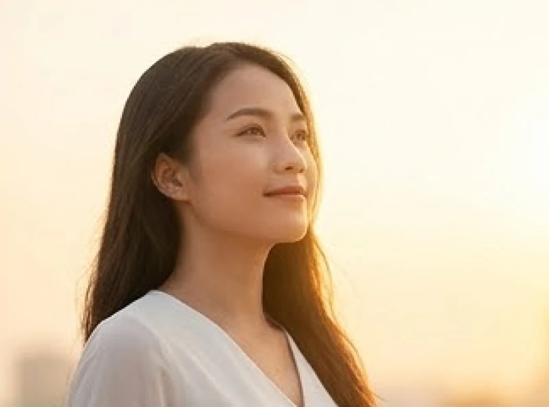 Nụ cười nhẹ nhõm và phong thái tự tin của cô gái khi nhìn về ánh sáng phía trước