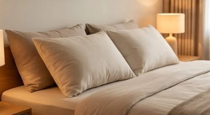 Cặp gối êm ái được kê lệch góc nhẹ trên giường ngủ để xoay chuyển hướng tiếp nhận khí