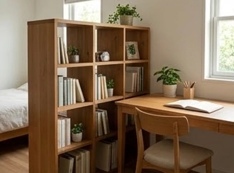 Kệ sách bằng gỗ dày được dùng làm vách ngăn cách ly bàn học với bức tường chung nhà vệ sinh