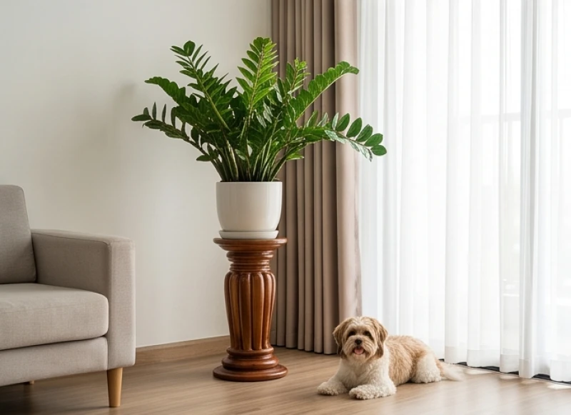 Sử dụng đôn gỗ và kệ sắt để nâng chậu cây kim tiền lên cao cách xa tầm với của chó mèo trong phòng khách