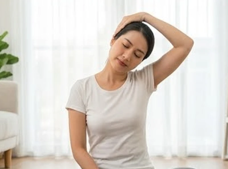 Ù tai là điềm gì: Tra cứu theo giờ và góc nhìn y khoa 8 Người phụ nữ nhẹ nhàng kéo giãn cơ vùng cổ vai gáy để tăng cường tuần hoàn máu lên ốc tai