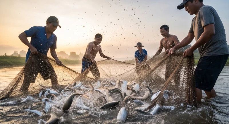 Ngư dân dùng sức kéo một mẻ lưới lớn nặng trĩu những con cá đang quẫy nước bọt tung tóe trên mặt hồ