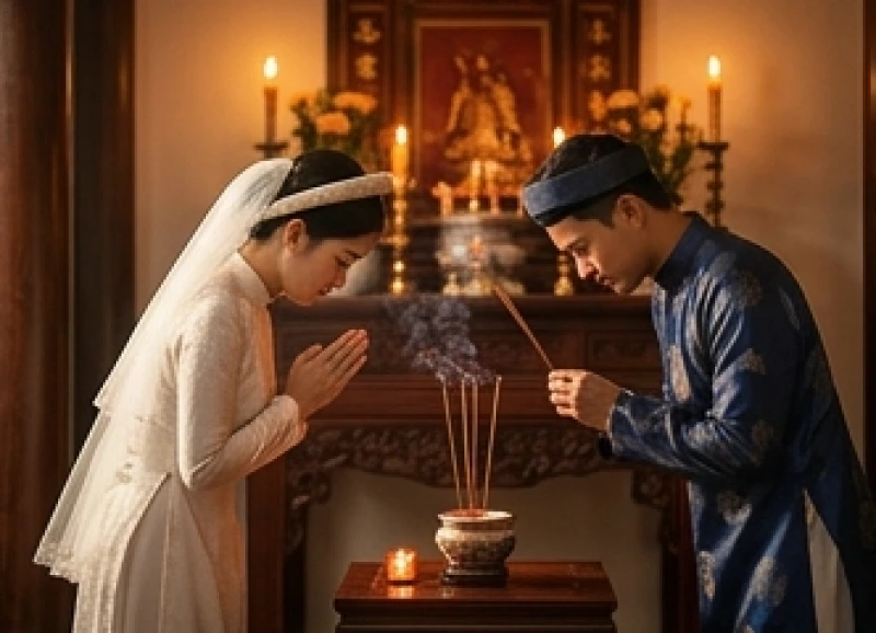 Đôi uyên ương thắp nhang trên ban thờ gia tiên trong ánh nến dịu nhẹ vào đầu tháng 7 âm
