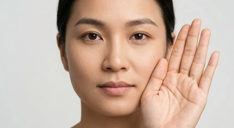 Bàn tay mở hờ đặt gần khuôn mặt thể hiện sự kết hợp giữa việc quan sát khí sắc tổng thể và chỉ tay