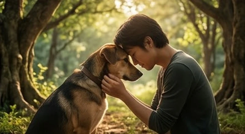 Mơ thấy cứu chó: Điềm báo tâm linh theo bối cảnh & số tài lộc 6 Người và chó chạm trán nhau trong tĩnh lặng giữa khu rừng ánh sáng chan hòa, thể hiện sự thấu hiểu tâm lý