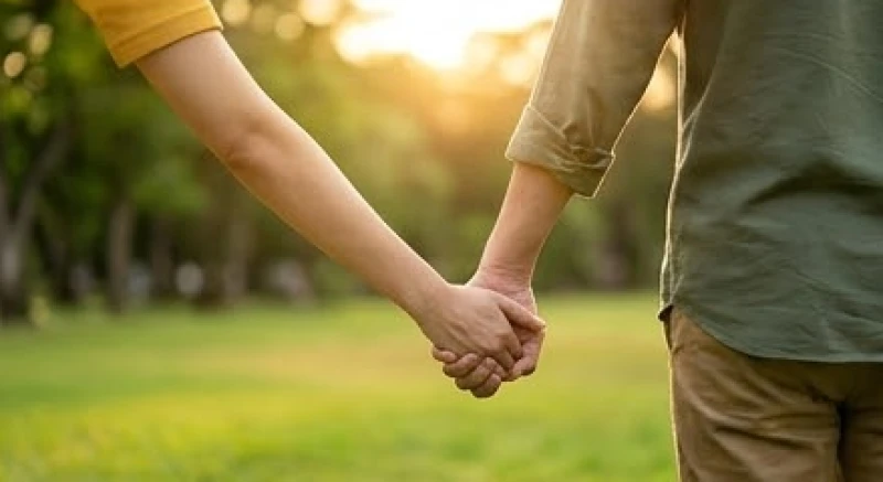 Hai vợ chồng nắm tay nhau dạo bước dưới tán cây xanh mát mẻ thể hiện sự thấu hiểu và gắn kết tình cảm vô cùng sâu sắc