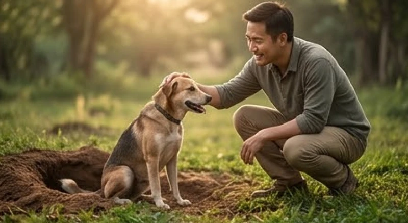 Mơ thấy cứu chó: Điềm báo tâm linh theo bối cảnh & số tài lộc 1 Người đàn ông mỉm cười xoa đầu chú chó vừa được giải cứu an toàn khỏi hố sâu, thể hiện sự tháo gỡ rắc rối