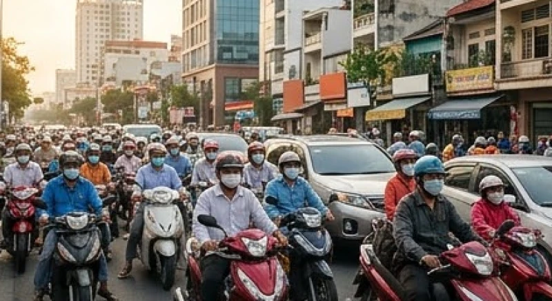 Cảnh dòng xe máy nối đuôi nhau kẹt cứng trên đường phố Việt Nam vào giờ cao điểm