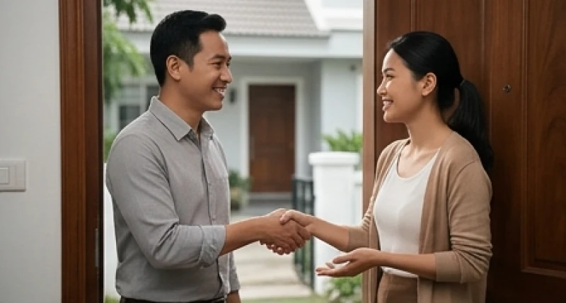 Chủ nhà và vị khách quen tươi cười trò chuyện khi gặp nhau ngay trước bậu cửa