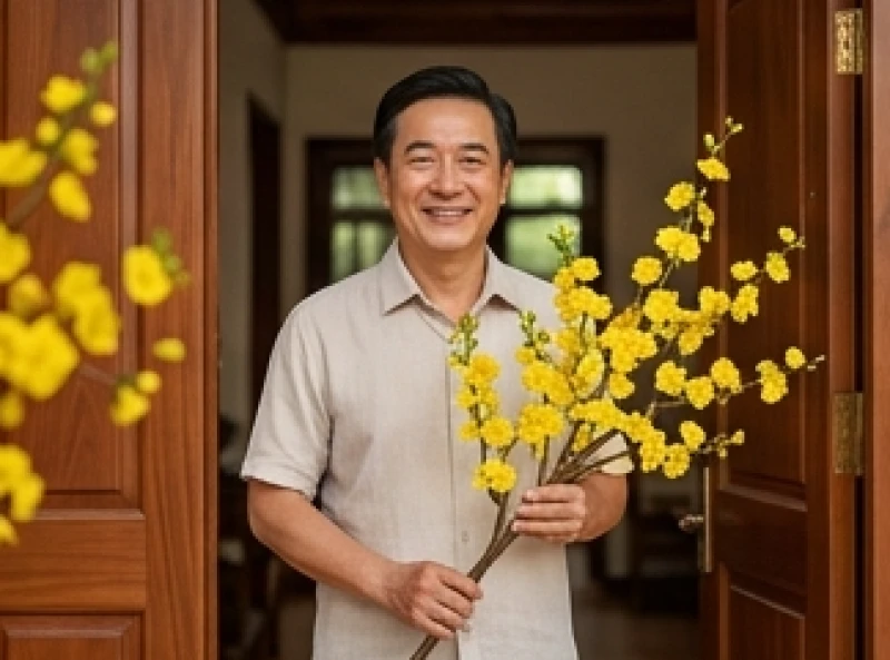 Khách đến thăm nhà đầu năm mang theo nụ cười rạng rỡ và cành mai vàng tươi tắn trao gửi lời chúc tết bình an