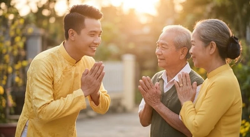 Vị khách mặc áo dài màu vàng đang tươi cười chắp tay chúc Tết ông bà trong buổi sáng mùng một đầu năm mới ngập tràn niềm vui
