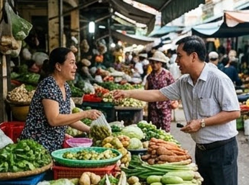 Khách hàng đang đàm phán và mặc cả giá với người bán tại khu chợ