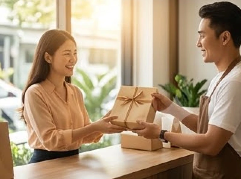 Vị khách đầu tiên vui vẻ nhận món hàng hóa từ tay chủ cơ sở kinh doanh trong ngày khai trương