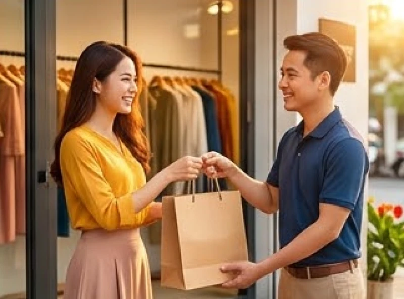 Khách hàng xởi lởi cầm túi đồ bước ra khỏi cửa hàng trong ngày mở bán đầu tiên của năm mới