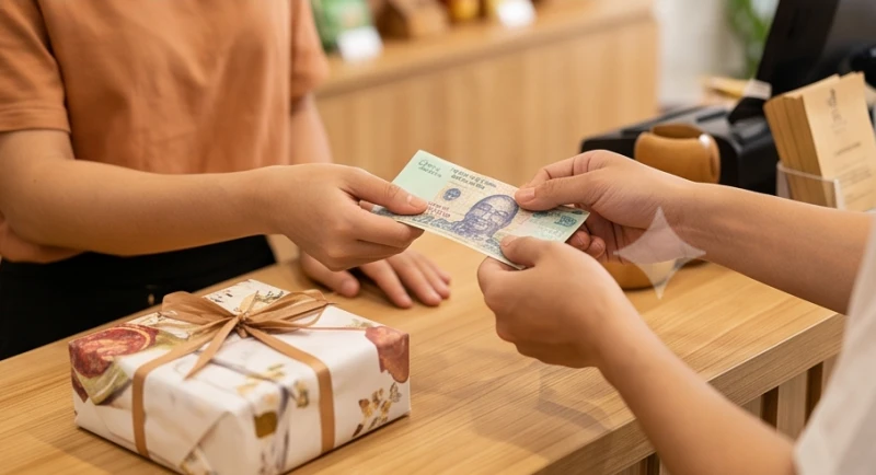 Khách hàng hào phóng trao tiền mệnh giá lớn cho chủ tiệm với nụ cười rạng rỡ chúc mừng buôn may bán đắt