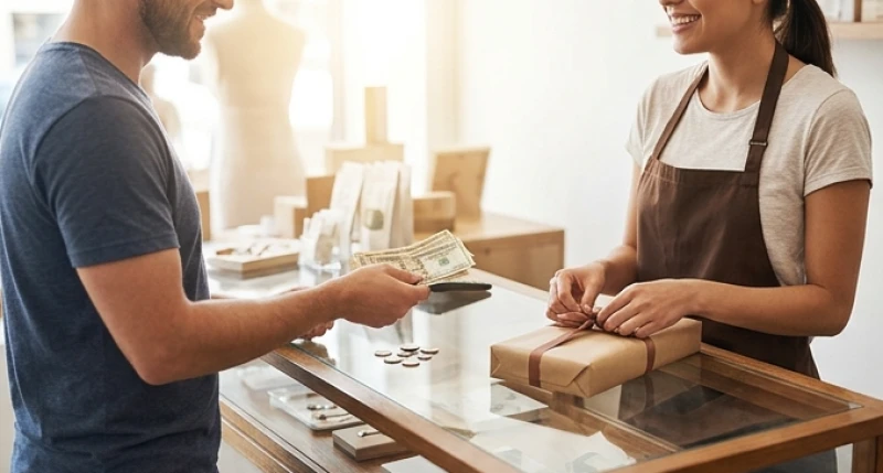 Tuổi Sửu hợp kinh doanh gì: Mặt hàng bán lẻ và hướng cửa hàng 12 Khách hàng thân thiện đang đưa tiền mặt thanh toán cho sản phẩm đầu tiên vào buổi sáng khai trương cửa hàng