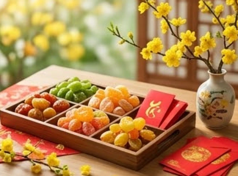 Khay mứt Tết truyền thống và những phong bao lì xì đỏ rực trên bàn gỗ