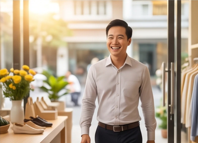 Văn khấn mở hàng đầu năm Bính Ngọ 2026: Bài cúng và lễ vật chuẩn 7 Khách hàng xởi lởi nở nụ cười tươi tắn đang bước vào cửa hàng để thực hiện mua bán đầu tiên