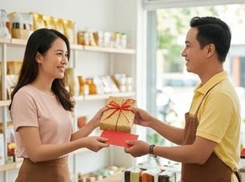 Vị khách đầu tiên có tuổi hợp mệnh với chủ cửa hàng đang vui vẻ nhận hàng và thanh toán