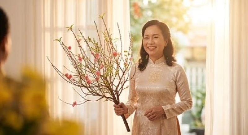 Người khách xông nhà tươi cười bước vào phòng khách trong sáng mùng 1 Tết