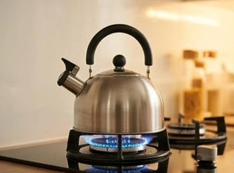 Ấm nước inox đang đun sôi trên bếp gas với ngọn lửa xanh rực rỡ trong gian bếp hiện đại