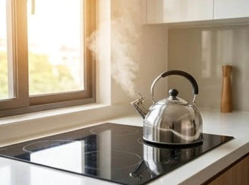 Văn khấn nhập trạch nhà chung cư: Trọn bộ bài cúng và quy trình 10 Gia chủ đang đun một ấm nước trên chiếc bếp từ nhỏ để kích hoạt nhiệt lượng và sinh khí cho gian bếp