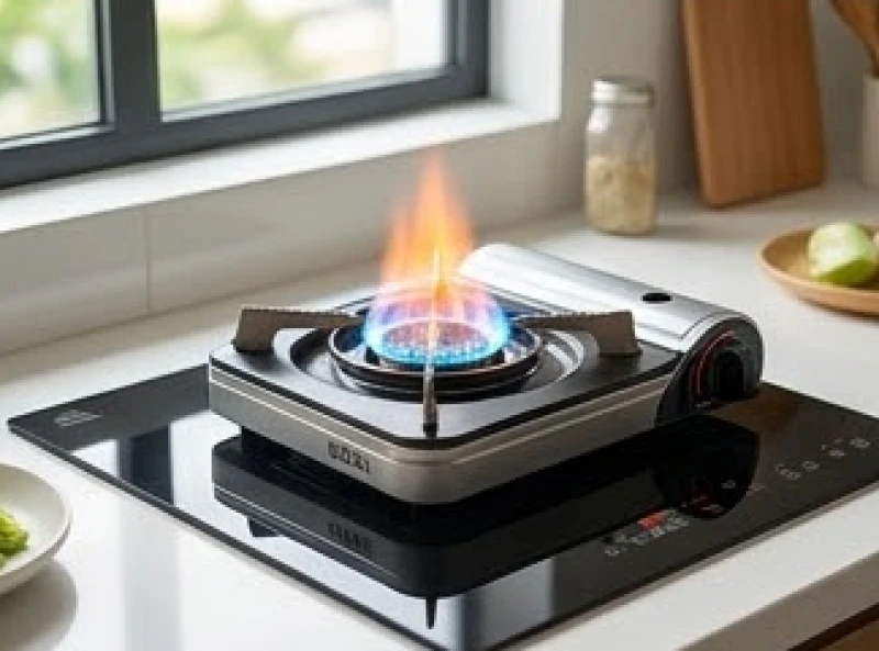 Bếp gas mini bật lửa cháy đỏ rực đặt an toàn trên mặt bếp từ hiện đại của chung cư