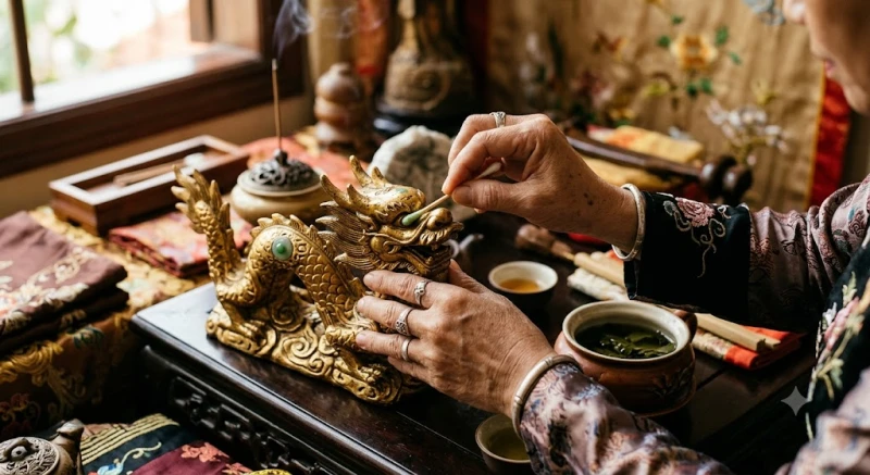 Cách thu hút tài lộc cho người tuổi Thìn: Từng bước kích hoạt 12 Nghi thức khai quang điểm nhãn linh vật được thực hiện trang nghiêm với tách trà xanh