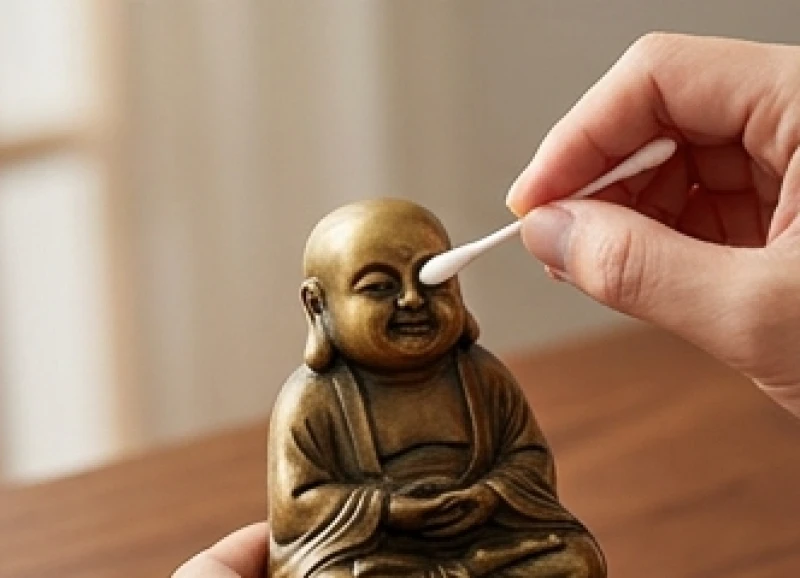 Bàn tay nghệ nhân đang dùng tăm bông chấm nước sương để nhẹ nhàng điểm nhãn cho bức tượng linh vật