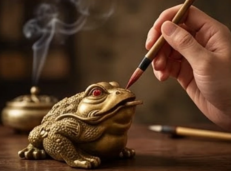 Dùng bút lông chấm mực chu sa đỏ lên mắt linh vật để thực hiện nghi thức khai quang