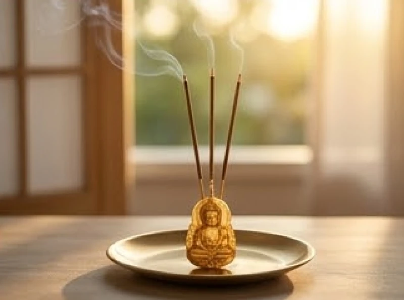 Bàn thờ thanh tịnh thắp ba nén nhang trầm trước đĩa đựng mặt Phật A Di Đà