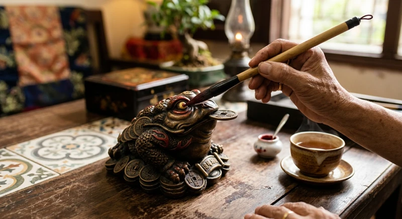 Gia chủ dùng chiếc bút lông nhỏ cẩn thận chấm nước trà lên mắt bức tượng thiềm thừ.