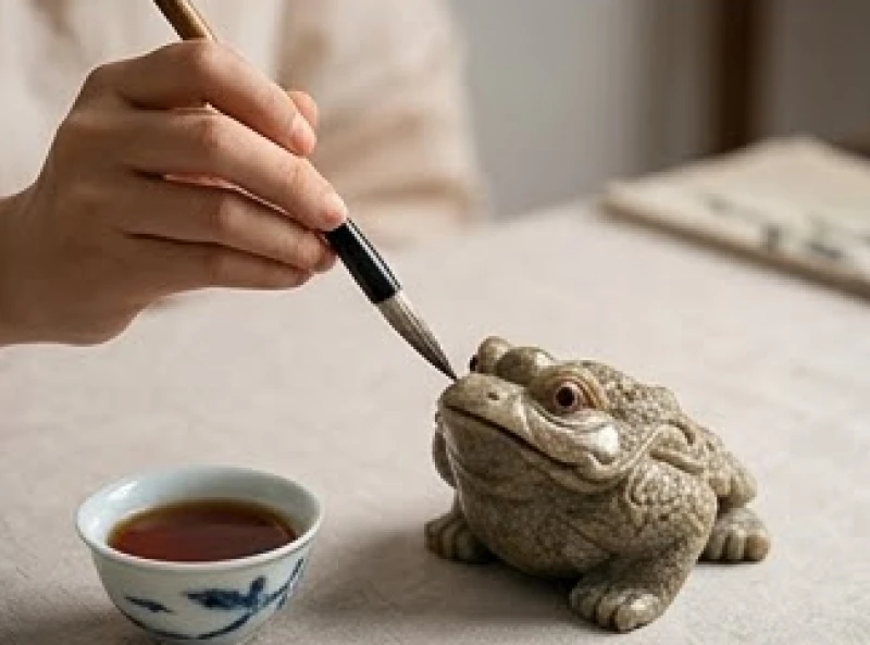 Bút lông sạch chấm nước chè đặc đang thực hiện nghi thức điểm nhãn khai quang cho thiềm thừ phong thủy