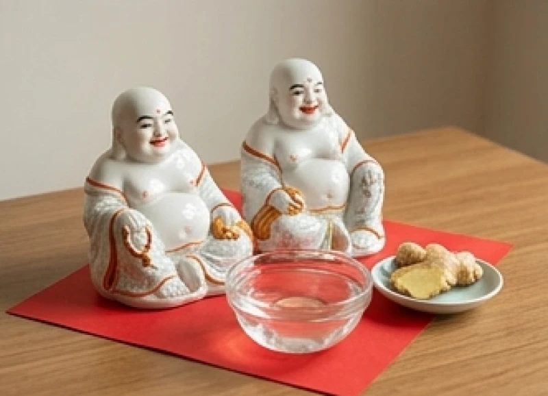 Hai pho tượng Thần Tài và Thổ Địa bằng sứ cao cấp chuẩn bị cho nghi thức sái tịnh tẩy uế