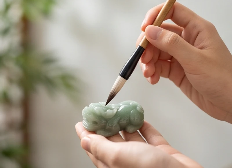 Dùng chiếc bút lông nhỏ chấm nước âm dương thanh khiết lên mắt Tỳ Hưu để thực hiện nghi thức khai quang