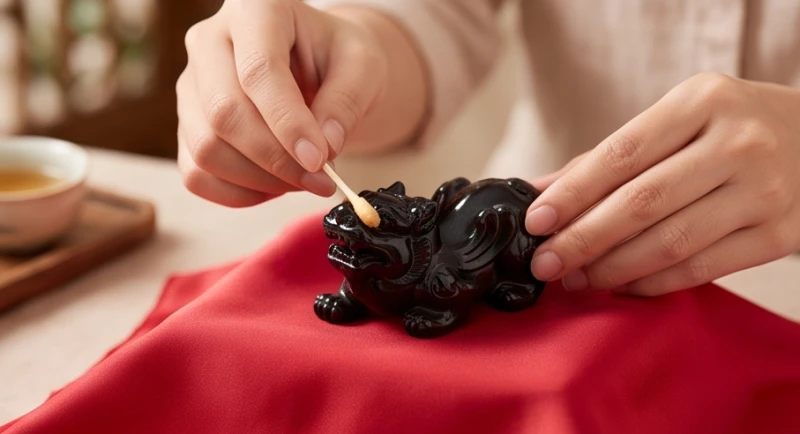 Tỳ Hưu Phong Thủy Tuổi Hợi: Chọn Màu Ngũ Hành & Bảng Giá Chi Tiết 5 Bàn tay dùng tăm bông thấm nước trà xát nhẹ vào mắt tượng Tỳ Hưu đặt trên chiếc khăn lụa đỏ