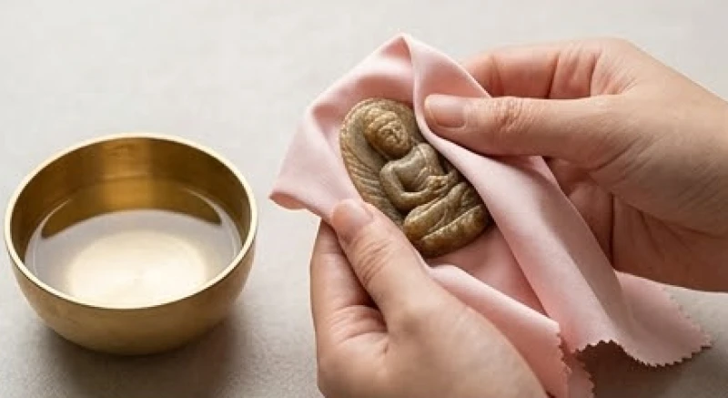 Phật bản mệnh tuổi Dậu: Chọn đúng màu đá và tự khai quang 5 Quá trình dùng khăn lụa mềm lau sạch mặt Phật đá trong thau nước suối tinh khiết